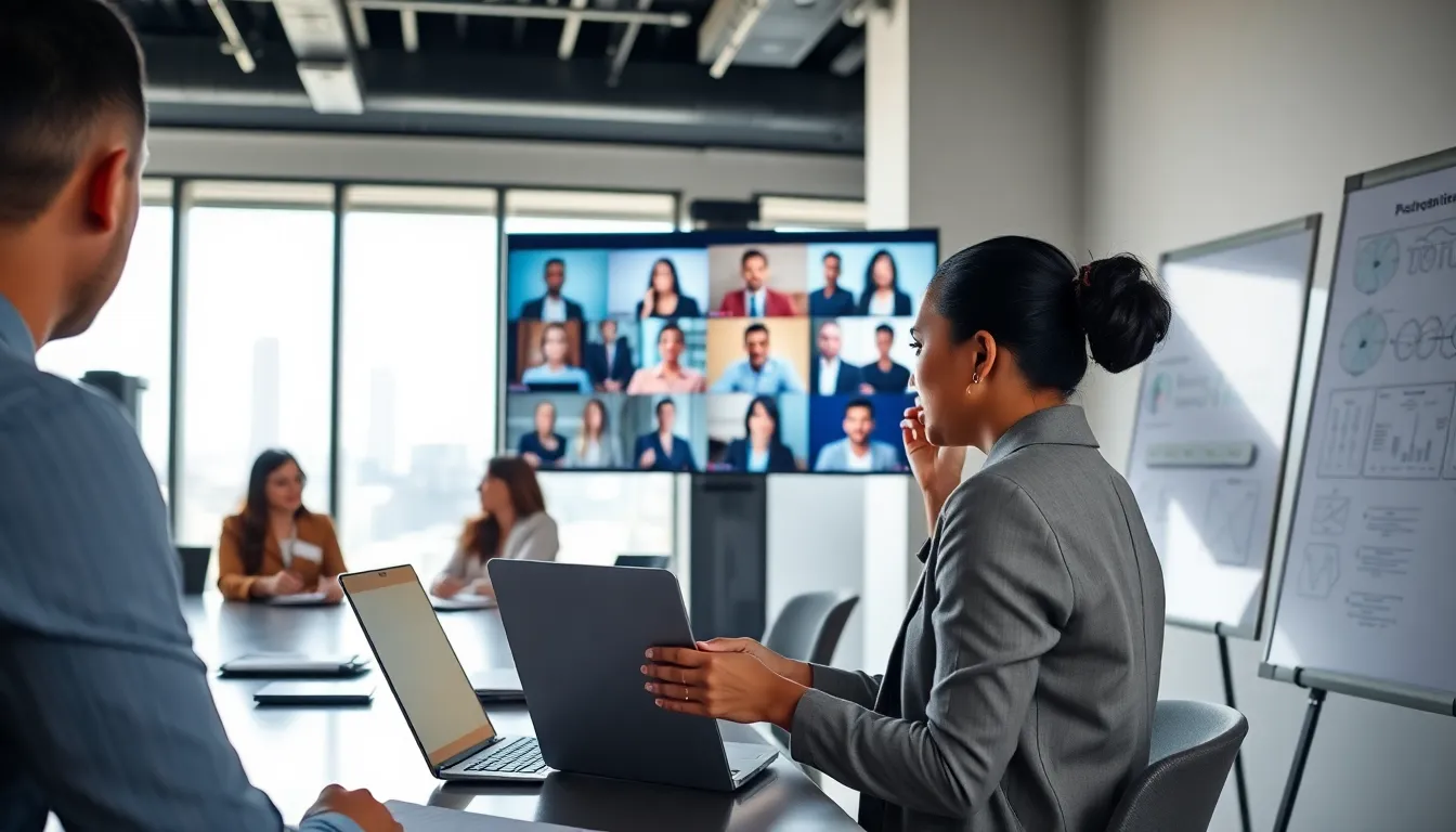 diverse team in a modern office video conferencing.