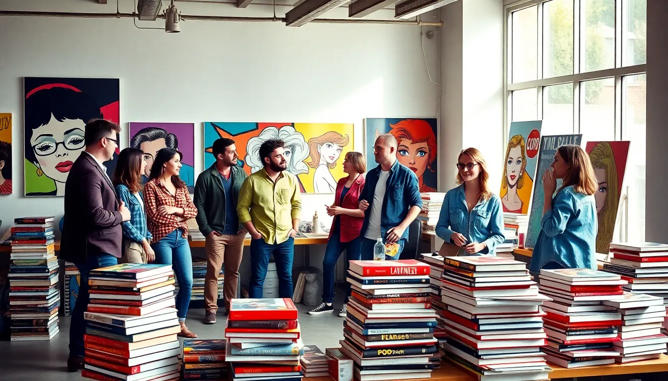 diverse artists collaborating in a vibrant pop art studio.