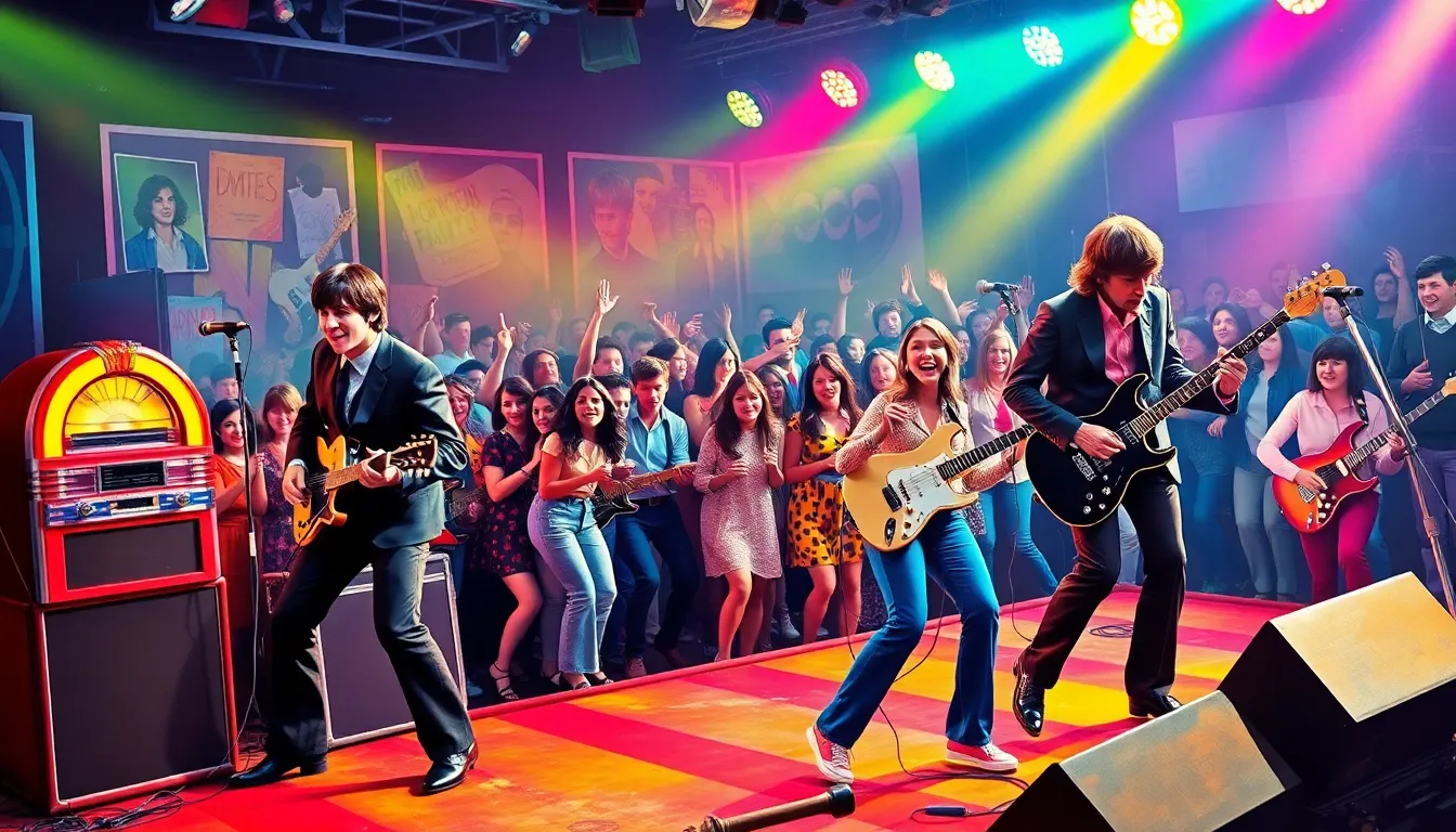 musicians performing on stage in a vibrant 1960s music concert.