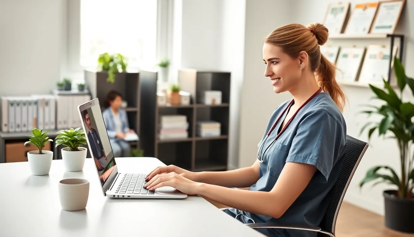 Registered nurse conducting a telehealth consultation from a home office.